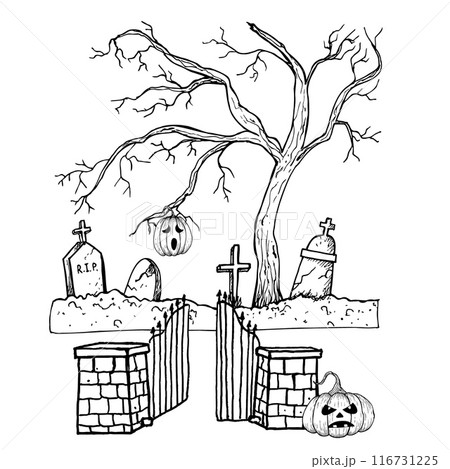 Vector old abandoned cemetery with gate. Hand painted linear autumn tree illustration. Graphic monochrome tombstone art for tattoo, symbol of death, halloween, horror. Isolated on background. For Vector old abandoned cemetery with gate. Hand painted linear autumn tree illustration. Graphic monochrome tombstone art for tattoo, symbol of death, halloween, horror. Isolated on background. For 116731225