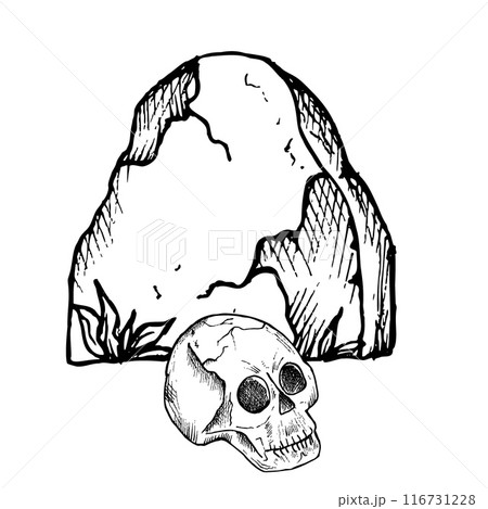 Vector gravestone in a cemetery with human skull with black eyes. Hand painted linear illustration. Graphic monochrome tombstone art for tattoo, symbol of death, halloween, horror. Isolated on 116731228
