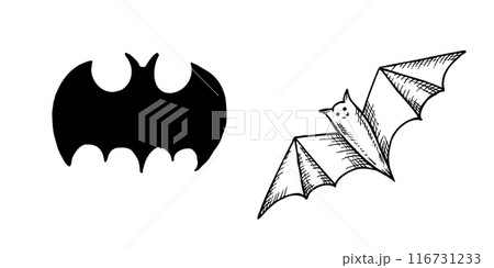 Vector black bats halloween. Hand painted linear illustration. Graphic monochrome art for tattoo, for halloween, horror. Isolated on background. For designers, The day of the Dead 116731233