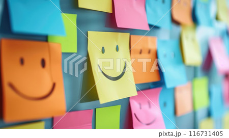 Colorful sticky notes with smiles covering an office wall, representing creativity, organization, and positivity 116731405