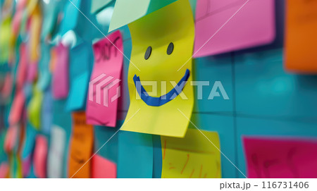 Colorful sticky notes with smiles covering an office wall, representing creativity, organization, and positivity 116731406