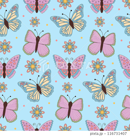 Butterflies and flowers seamless pattern on blue background. 116731407