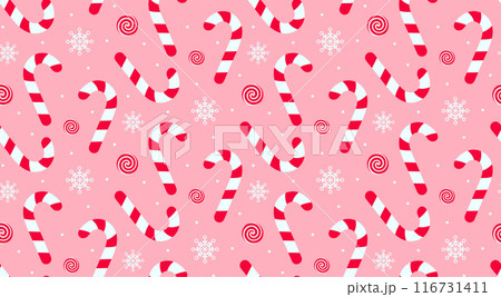 Christmas candy cane, swirl candy and snowflakes seamless pattern. Holiday traditional peppermint backdrop. 116731411