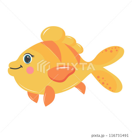 Cute fish. Cartoon tropical fish character. Flat cartoon vector illustration isolated on white background. Cute fish. Cartoon tropical fish character. Flat cartoon vector illustration isolated on white background. 116731491