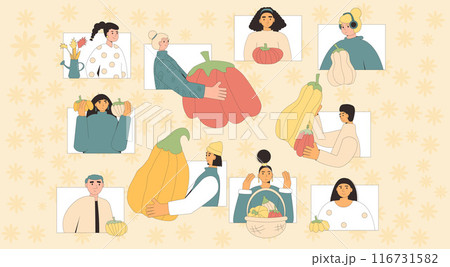 Harvesting pumpkins set. Autumn ripe vegetables and characters. Local agricultural community. Vector outline illustration. 116731582