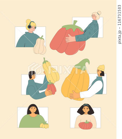 People with pumpkins set. Autumn ripe vegetables harvest characters. Neighbors seasonal event. Vector line illustration 116731583