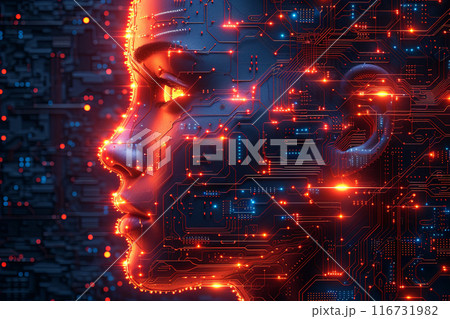 Woman's face is made of computer chips and glowing lights. Concept of technology and artificial intelligence, as well as a futuristic or sci-fi vibe 116731982