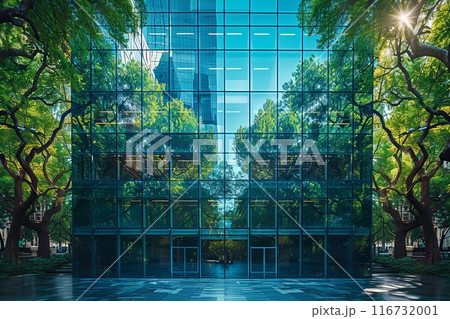Large modern glass building, surrounded by trees and has a lot of glass windows, reflect the sunlight, creating a bright and sunny atmosphere Large modern glass building, surrounded by trees and has a lot of glass windows, reflect the sunlight, creating a bright and sunny atmosphere 116732001