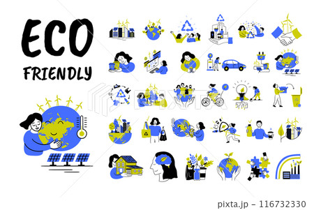 Cartoon Color Eco Friendly Lifestyle Scenes Set Concept Flat Design Style. Vector illustration of People use Alternative Energy Sources 116732330