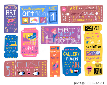 Cartoon Color Art Gallery Museum Exhibition Retro Tickets Set Concept Flat Design Style. Vector illustration of Admits Cartoon Color Art Gallery Museum Exhibition Retro Tickets Set Concept Flat Design Style. Vector illustration of Admits 116732351