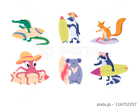 Cartoon Color Characters Animal Surfers Set Summer Vacation Activity Concept Flat Design Style. Vector illustration of Cute Animals 116732357