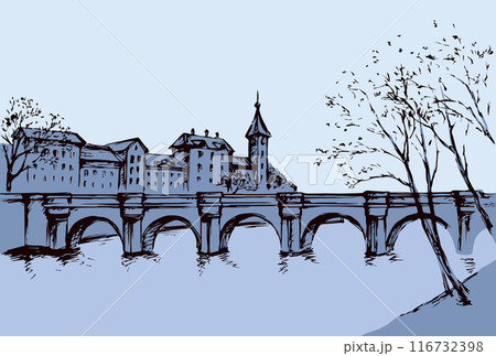 Cityscape with bridge over river. Vector drawing Cityscape with bridge over river. Vector drawing 116732398