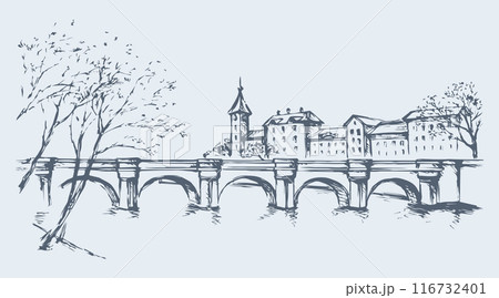 Cityscape with bridge over river. Vector drawing Cityscape with bridge over river. Vector drawing 116732401