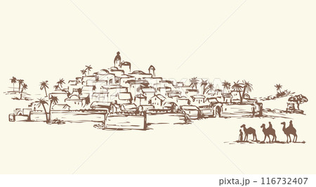 Magi go to Bethlehem. Vector drawing 116732407