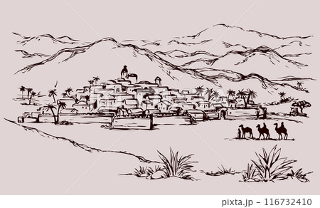 Magi go to Bethlehem. Vector drawing 116732410