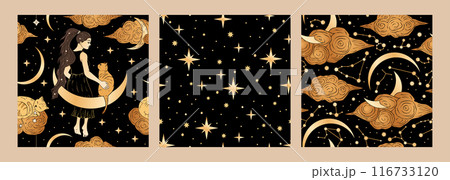 Vintage vector set of seamless pattern magic celestial mystic fairy theme with the image of the golden moon, sky, star, girl Vintage vector set of seamless pattern magic celestial mystic fairy theme with the image of the golden moon, sky, star, girl 116733120