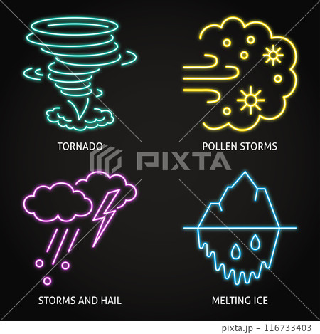 Global warming impacts neon icon set 116733403