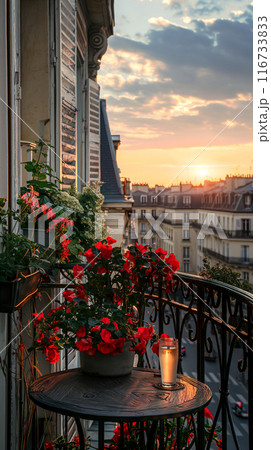 Parisian Balcony Sunset. Generative AI Parisian Balcony Sunset. Generative AI 116733833