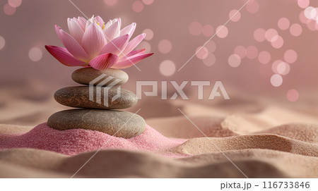 Zen Stones and Lotus Flower on Pink Sand. Generative AI 116733846