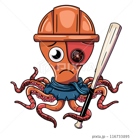 A cartoon sad octopus wearing a construction helmet and a bandana, with a cyborg eye and a baseball bat. Illustration for fantasy, science fiction and adventure comics A cartoon sad octopus wearing a construction helmet and a bandana, with a cyborg eye and a baseball bat. Illustration for fantasy, science fiction and adventure comics 116733895