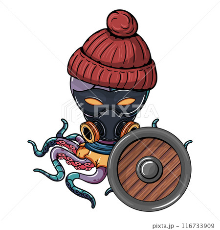 Cartoon octopus cyborg wearing a beanie, mask, and gas mask, holding a shield. Illustration for fantasy, science fiction and adventure comics 116733909