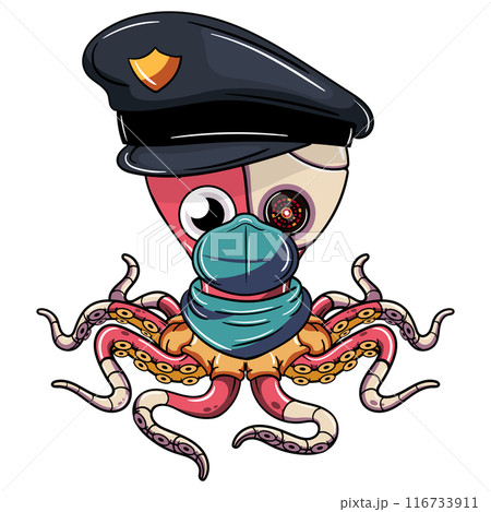 Cartoon octopus cyborg police officer with a captain's hat and a protection mask. Illustration for fantasy, science fiction and adventure comics 116733911