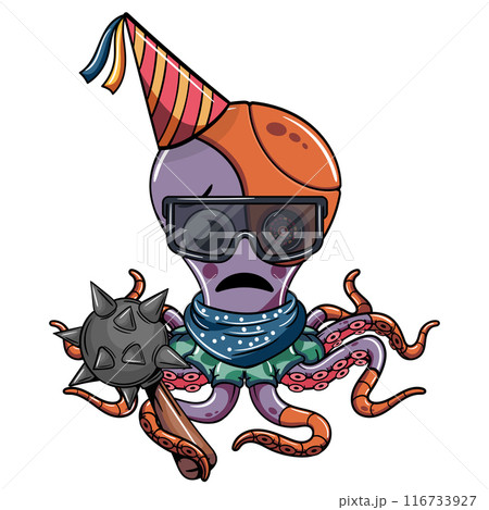 Cartoon cyborg octopus wearing a party hat, sunglasses, and a bandana, holding a spiked mace with a grumpy expression. Illustration for fantasy, science fiction and adventure comics 116733927