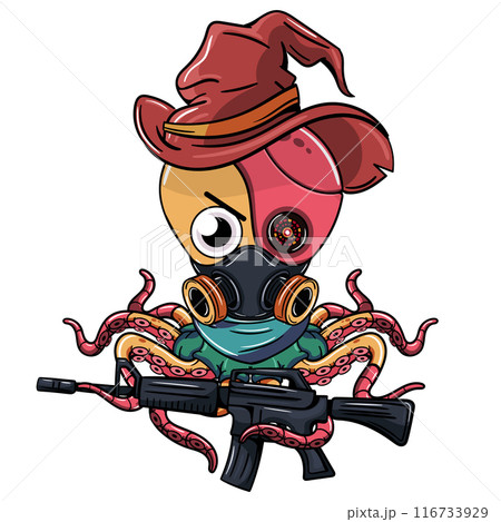 A mischievous cartoon cyborg octopus, sporting a witch's hat and a gas mask, wields an assault rifle with a determined expression. Illustration for fantasy, science fiction and adventure comics A mischievous cartoon cyborg octopus, sporting a witch's hat and a gas mask, wields an assault rifle with a determined expression. Illustration for fantasy, science fiction and adventure comics 116733929