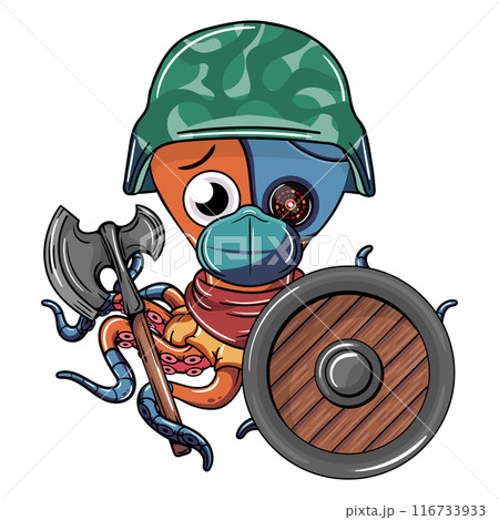 Cartoon octopus cyborg adorned in a military helmet and a colorful mask, wielding a double-headed axe and holding a wooden shield. Illustration for fantasy, science fiction and adventure comics 116733933