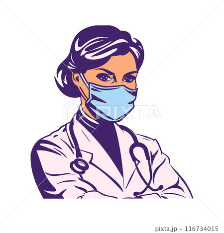 Female Doctor Character is Wearing a Mask Vector Illustration 116734015