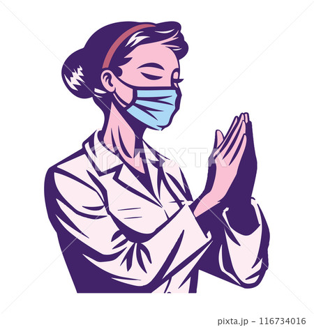 Female Doctor Character is Wearing Mask and Being Thankful Vector Illustration 116734016