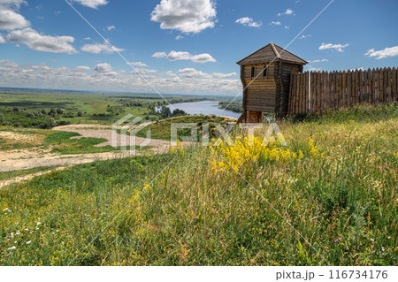 Ancient wooden fortress on a background of river spaces. Russia, Tatarstan, ancient Bulgar fortress in Yelabuga 116734176