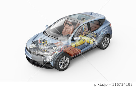 Hydrogen car technical cutaway 3D rendering. Hydrogen car technical cutaway 3D rendering. 116734195