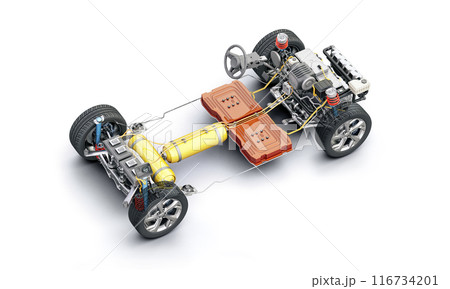 Hydrogen car technical under carriage 3D rendering. 116734201