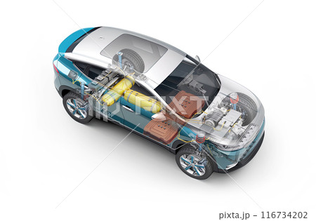 Hydrogen car technical cutaway 3D rendering. 116734202
