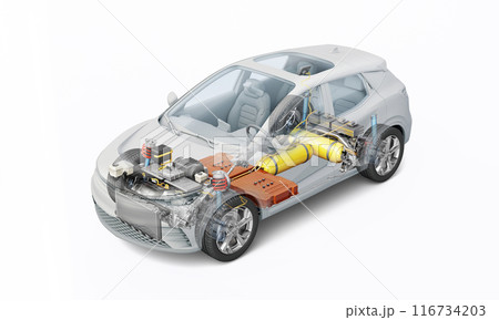 Hydrogen car technical cutaway 3D rendering. 116734203