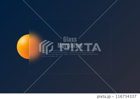 Banner made of transparent frosted glass with a neon orange sphere on a dark background. 116734337