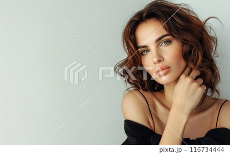 A striking portrait of a woman in a black outfit, her alluring gaze and full lips drawing focus. Her hair flows elegantly, framing her captivating features. 116734444
