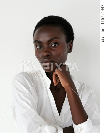 The poetic stare of a young African woman, set against a minimalist backdrop, conveys a monochrome grace and complex emotion. 116734447