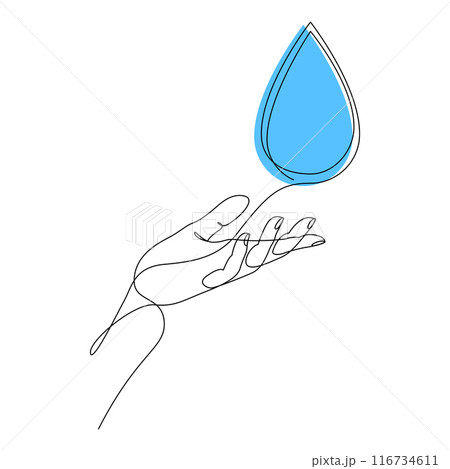 Continuous one line drawing of human hand holding water drop. Blue liquid drop in arm drawn with single line. World Water Day concept. Vector illustration with editable stroke. 116734611