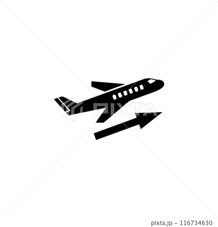 Modern, minimalist black and white airplane icon with dynamic arrow 116734630