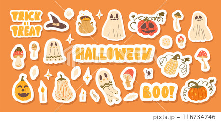 Halloween stickers set. Cute jack o lantern pumpkins, ghosts, hats and others kit. Collection of autumn festival elements and lettering. Vector hand drawn illustration isolated. 116734746