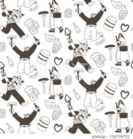 Oktoberfest people seamless pattern. Doodle characters with alcohol drinks endless background. Oktoberfest continuous cover. Beer lovers repeat ornament surface. Vector illustration. Oktoberfest people seamless pattern. Doodle characters with alcohol drinks endless background. Oktoberfest continuous cover. Beer lovers repeat ornament surface. Vector illustration. 116734752