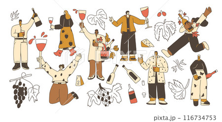 Wine Festival Set. People with wineglasses and bottles kit. Cute characters with alcohol beverage. Vector hand drawn collection illustration isolated on white background. Wine Festival Set. People with wineglasses and bottles kit. Cute characters with alcohol beverage. Vector hand drawn collection illustration isolated on white background. 116734753
