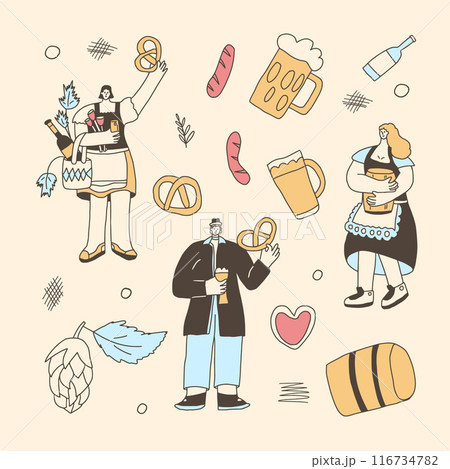 Set of Oktoberfest characters. Beer festive people square poster. Vector hand drawn flat collection illustration. 116734782