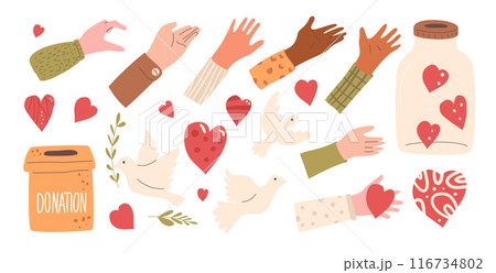Charity set. Hands with hearts shape, donation box and dove of peace. Palms with charity and kindness symbols kit. Vector hand drawn flat collection illustration isolated on white background. 116734802