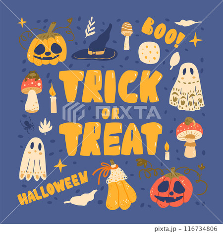 Trick or Treat poster. Colorful Halloween-themed illustrations with pumpkins, ghosts, witch hats, and mushrooms. Candy run. All Hallows' Eve. Vector hand drawn flat illustration. 116734806