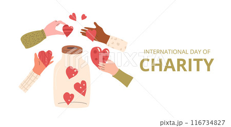 International day of charity banner template. Donation box background. Vector illustration. 116734827