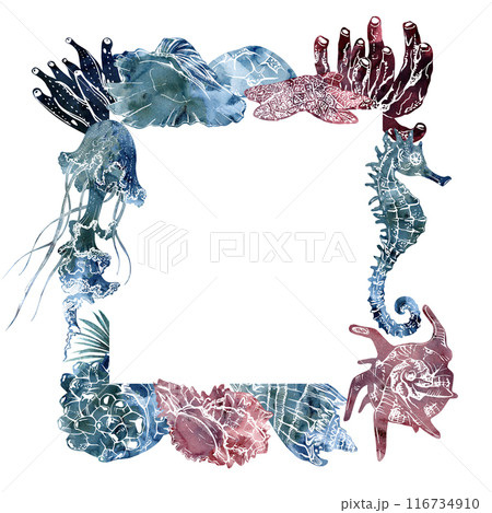 Watercolor and ink hand drawn marine life, sea ocean underwater creatures. fish, shells algae seaweed. Border frame illustration, stylized, isolated on white. For zoo shop, aquarium, cosmetics, resort 116734910