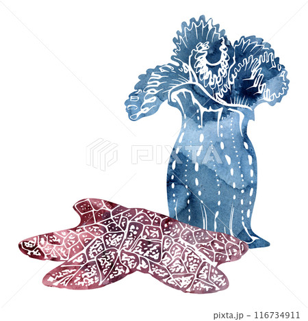 Watercolor and ink hand drawn marine life, sea ocean underwater creatures. fish, shells algae seaweed. Composition illustration, stylized, isolated on white. For zoo shop, aquarium, cosmetics, resort Watercolor and ink hand drawn marine life, sea ocean underwater creatures. fish, shells algae seaweed. Composition illustration, stylized, isolated on white. For zoo shop, aquarium, cosmetics, resort 116734911